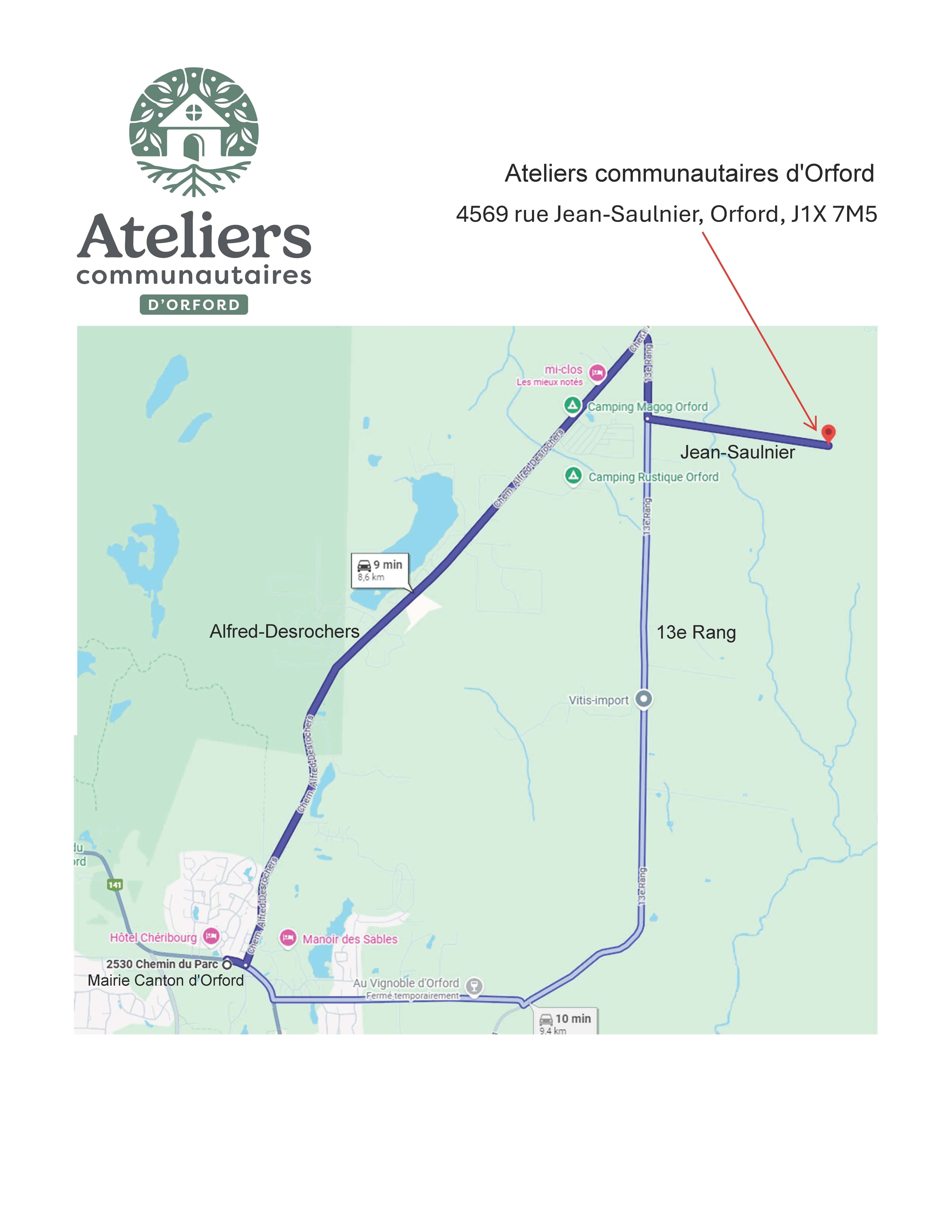 Carte de localisation des Ateliers communautaires d'Orford au 4569, rue Jean-Saulnier, Orford.
